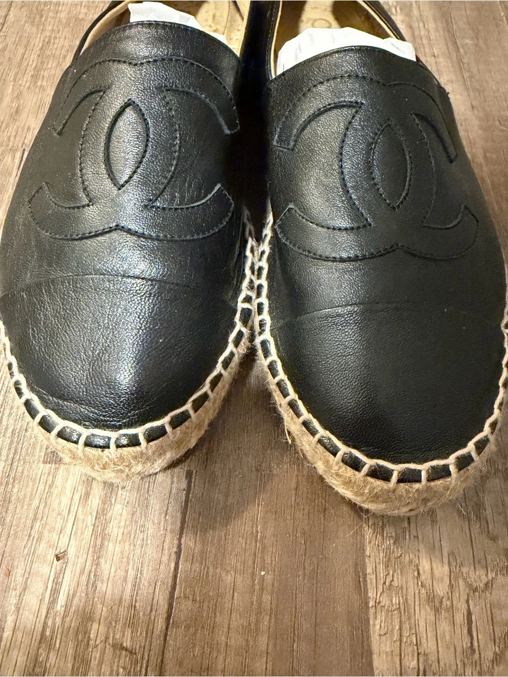 Authentic CHANEL Black Leather Espadrille Slip-Ons with Logo